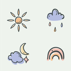 Weather pictogram, hand drawn icon set, doodle brush stroke, cartoon sketch childish style, colored isolated elements
