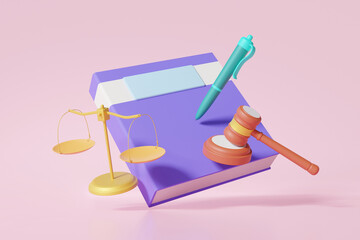 Law learning education legislation attorney decisions concept book judgement hammer scales pen floating on pink background, advisor, court, gavel, Judge arbitrate courthouse. 3d rendering illustration