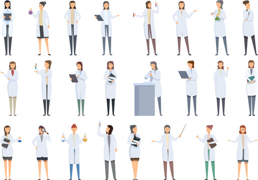 Woman scientist icons set cartoon vector. Female work. Doctor lab