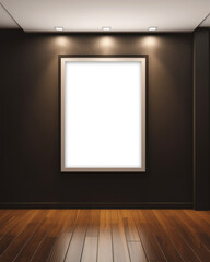 Frame mockup on dark wood wall with gallery lighting, AI generated