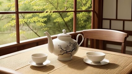Fototapeta na wymiar Japanese Tea Set. Asia Culture. Relaxing Scene. Warm Color. Hot Drinks. Generative AI