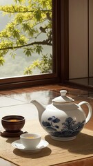 Fototapeta na wymiar Japanese Tea Set. Asia Culture. Relaxing Scene. Warm Color. Hot Drinks. Mobile Ration. Generative AI