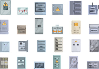 Electric switchboard icons set cartoon vector. Work engineer. House worker