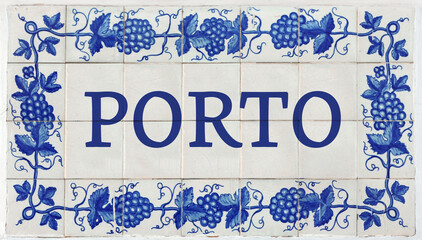 Porto on Frame of Azulejos (name of Portuguese tiles) with blue bunches of grapes