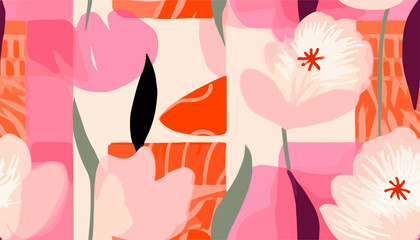 Hand drawn bright cute pink artistic flowers print. Modern botanical geometric pattern. Fashionable template for design