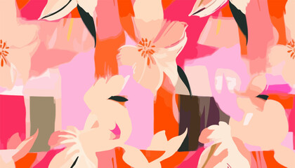 Hand drawn bright cute pink artistic flowers print. Modern botanical geometric pattern. Fashionable template for design