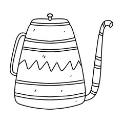 Cute teapot with long spout in hand drawn doodle style. Vector illustration isolated on white. Coloring page.