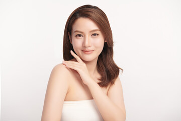 Fototapeta premium Beautiful young asian woman with clean fresh skin on white background, Face care, Facial treatment, Cosmetology, beauty and spa, Asian women portrait.