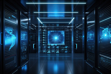 Fototapeta na wymiar Data server center background, digital hosting, blue light