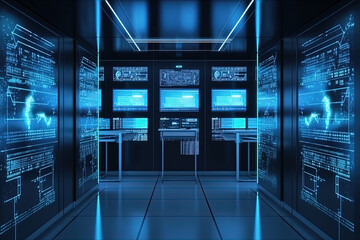 Data server center background, digital hosting, blue light
