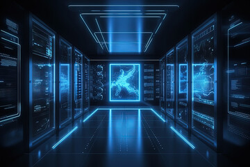 Obraz na płótnie Canvas Data server center background, digital hosting, blue neon lights