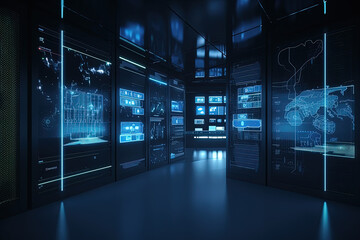 Obraz na płótnie Canvas Data server center background, digital hosting, blue neon lights