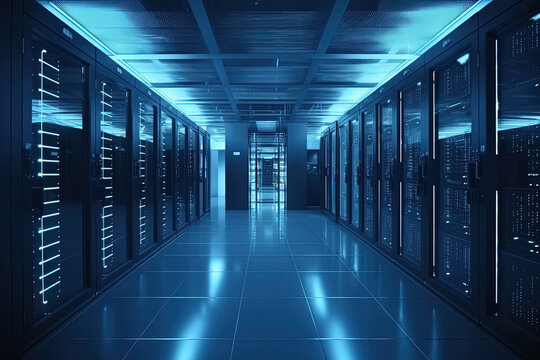 Data server center background, digital hosting, blue neon lights