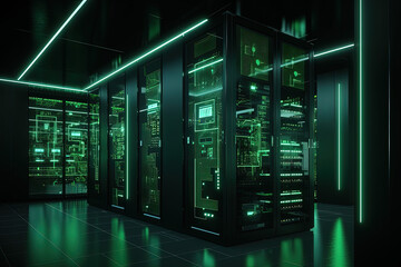 Data server center background, digital hosting, green neon lights