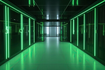 Data server center background, digital hosting, green neon lights