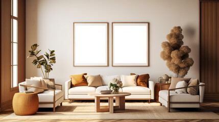 Picture frame mockup, empty wooden picture frame, elegant, bright light, sunny day.