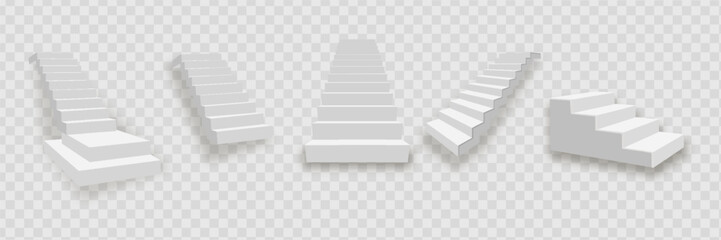 White stairs, 3d staircases. Set, Isolated on transparent background.