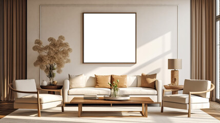 Picture frame mockup, empty wooden picture frame, elegant, bright light, sunny day.