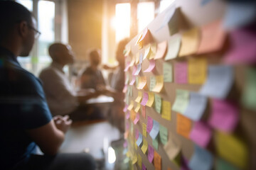 Blurred view of employees collaborating in a creative brainstorming session, business, blurred Generative AI