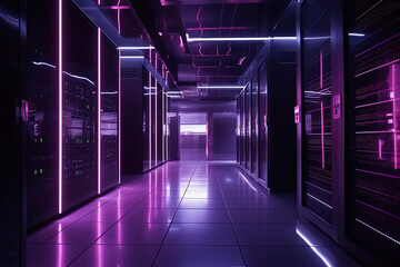 Data server center background, digital hosting, purple neon lights