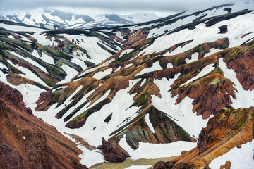 Landscape of Blahnjukur trail with volcanic mountain in Icelandic highlands at Landmannalaugar, Iceland