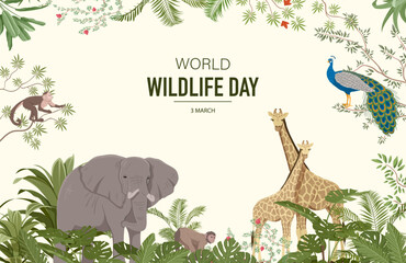 World wildlife Day. Elephants, giraffes, monkey and exotic and tropical bird. African flora and fauna, care for nature and ecological environment. March 3 holiday. Cartoon flat vector illustration