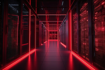 Data server center background, digital hosting, red neon lights