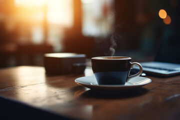 Fototapeta premium Blurred background of a desk with a laptop and a cup of coffee, business, blurred Generative AI