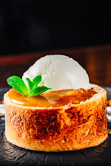chocolate fondant cake with ice cream and caramel