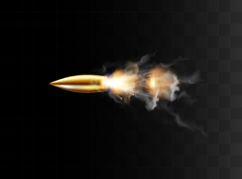 Gunshots, Bullet In Motion, Military Smoke Trails. Realistic Flying Bullet In Motion. Smoke Traces Isolated On Transparent Background. Handgun Shoot Trails.