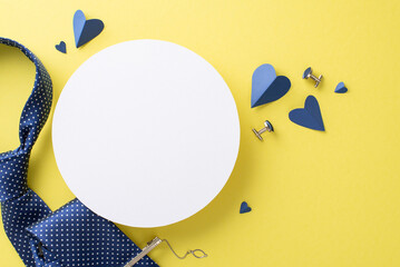 Cute toddler surprises Dad on Father's Day. Overhead shot of father's necktie with clip, hearts,...