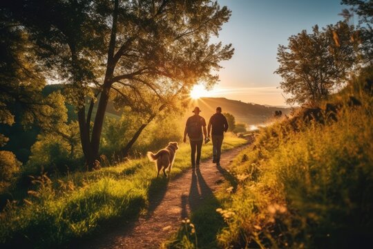 People walking on a trail with dogs in the countryside at sunset - AI generated