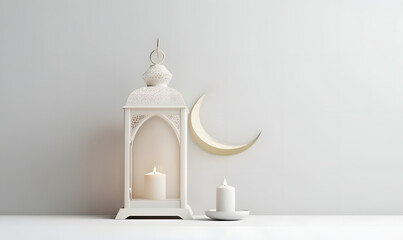 Muslim Holy Month Ramadan Kareem - Ornamental Arabic Lantern With Burning Candle with moon minimal white background