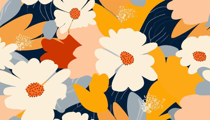 Hand drawn simple abstract flowers print. Trendy bright collage pattern. Fashionable template for design