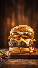 Juicy hamburger made from ground beef with fresh ingredients. Generative AI