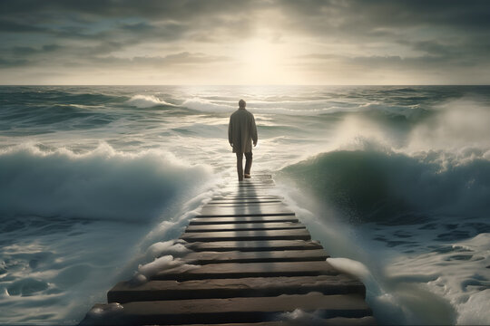Fototapeta person walking on a wooden pier in the beach
