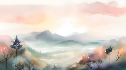 A dreamy and ethereal watercolor landscape, with soft washes of pastel colors blending seamlessly, providing a serene and enchanting backdrop for graphic design projects that evoke a sen Generative AI - obrazy, fototapety, plakaty