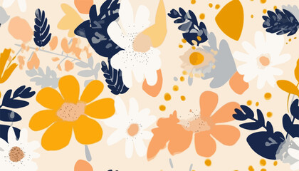 Hand drawn simple abstract flowers print. Trendy bright collage pattern. Fashionable template for design