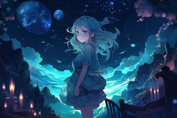 Obraz na płótnie Canvas 少女と月と都市の夕暮れアニメ背景