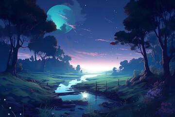 Obraz na płótnie Canvas 夜空の星と月と小川の田舎風景