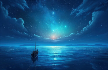 夜空の星と海と船のアニメ風景背景