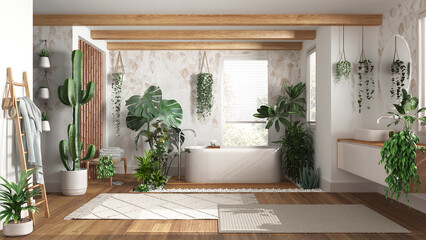 Urban jungle interior design, wooden bathroom in white and beige tones with many houseplants. Freestanding bathtub and washbasin. Biophilic concept idea