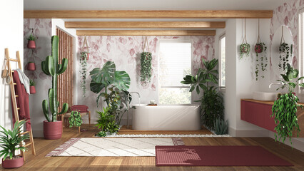 Urban jungle interior design, wooden bathroom in white and red tones with many houseplants. Freestanding bathtub and washbasin. Biophilic concept idea