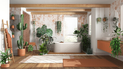 Urban jungle interior design, wooden bathroom in white and orange tones with many houseplants. Freestanding bathtub and washbasin. Biophilic concept idea