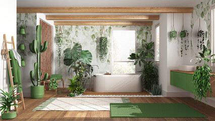 Urban jungle interior design, wooden bathroom in white and green tones with many houseplants....