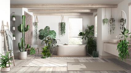 Urban jungle interior design, bleached wooden bathroom in white and beige tones with many houseplants. Freestanding bathtub and washbasin. Biophilic concept idea