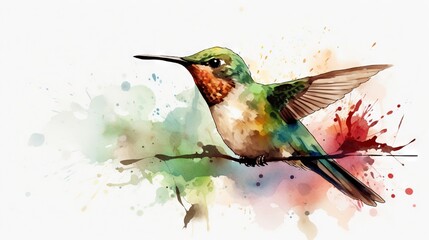  a hummingbird sitting on a branch with a splash of paint.  generative ai