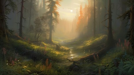  a painting of a forest with a stream running through it.  generative ai