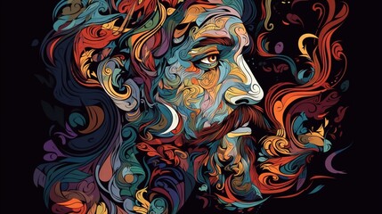  a man with long hair and a beard with colorful swirls.  generative ai