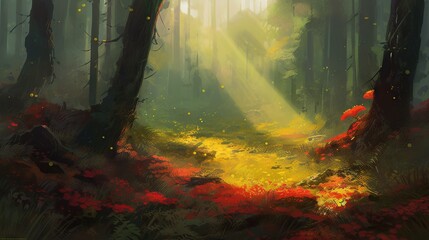  a painting of a path in a forest with bright light coming through the trees.  generative ai